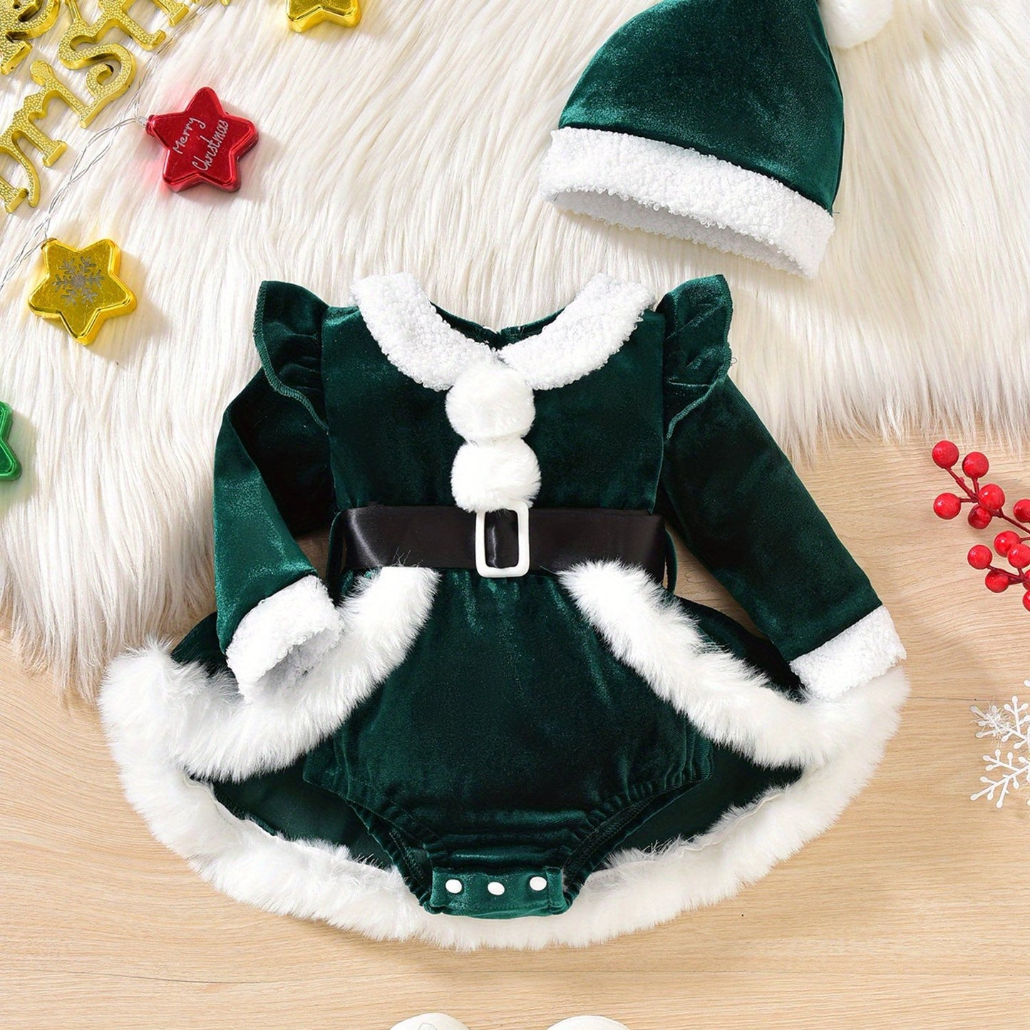 2pcs Set Baby Girls' Plush Patchwork Christmas Romper Dress & Hat Set - Soft Green & White Long Sleeve Jumpsuit with Ruffled Trim, Snap Closure, Cozy Winter Outfit for &, Machine Washable Holiday Outwear (Christmas Party Outf