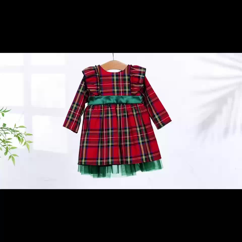 Girls' Elegant Plaid Christmas Dress with Ruffled Neckline & Long Sleeve - Red/Green Tartan Pattern, Mesh Patchwork Skirt, Round Neck Winter Outfit for Holiday Parties, Christmas Pageant & Special Occasions - Cozy Warm One-Pi