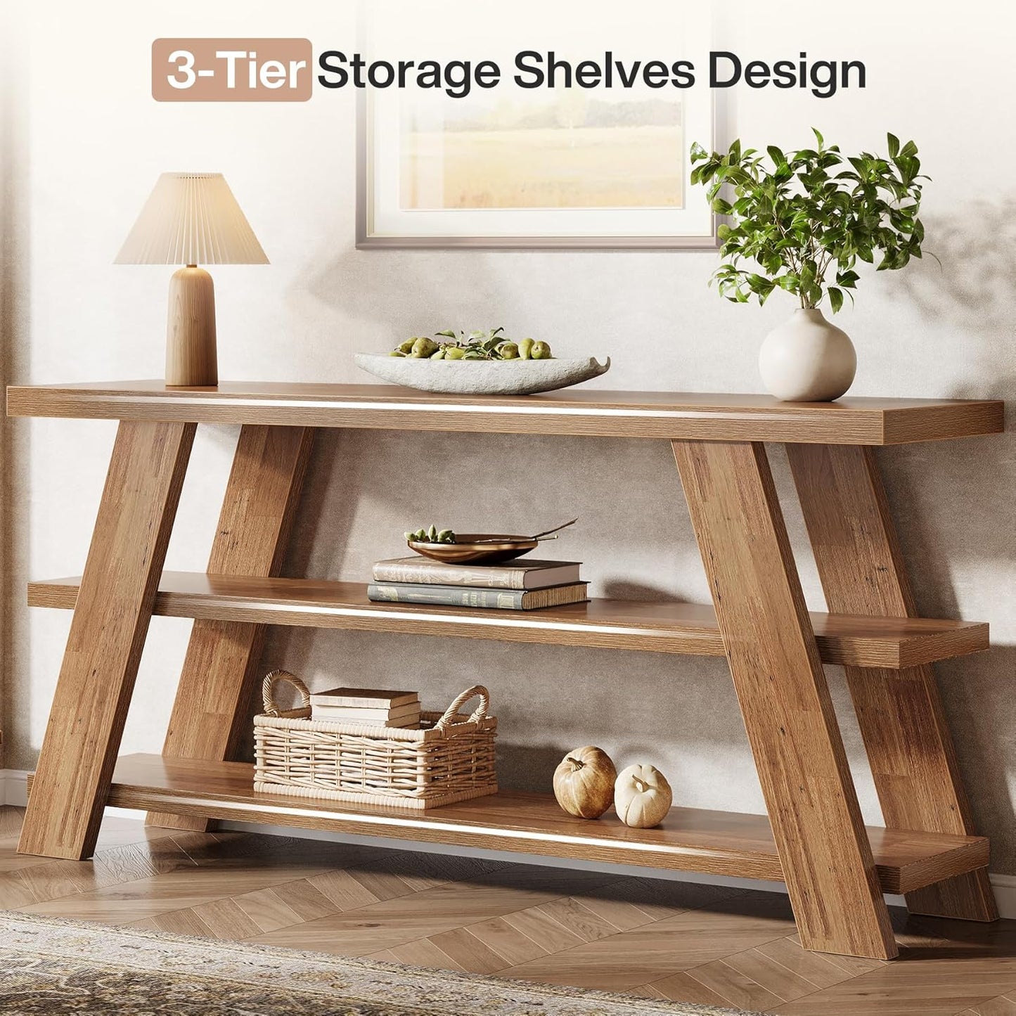 70.9" Extra Long Farmhouse Console Table with 3-Tier Storage - Narrow Sofa Table Behind Couch, Engineered Wood Entryway Hallway Table with Spacious Top & Lower Shelf, Easy Assembly, Brown for Living Room, Foyer, Behind Sofa -