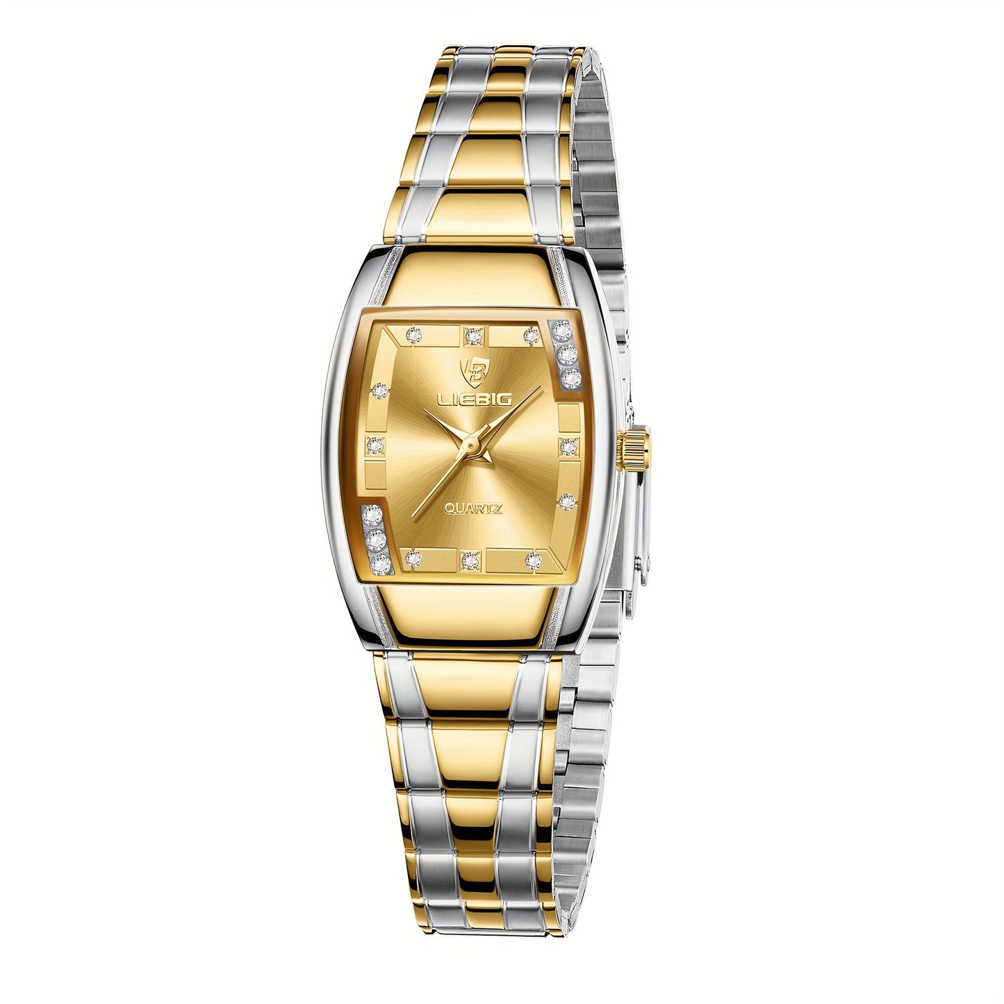 LIEBIG Luxury Women's Quartz Watch - Elegant Golden-Tone Stainless Steel Band, Black Dial with Gemstones, up to 1181.1 inch, World Time Feature, Oval Case, Perfect for Parties & Gifts, LIEBIG