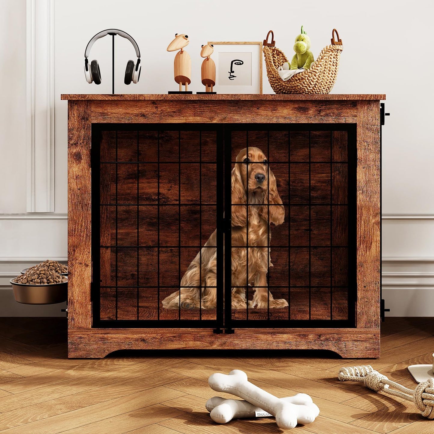 38-Inch Indoor Wooden Dog Crate Furniture | Double Doors for Easy Access, 360° Adjustable Raised Bowls, and Storage Platform, Ideal for Medium to Large Dogs, Brand: GAOMON