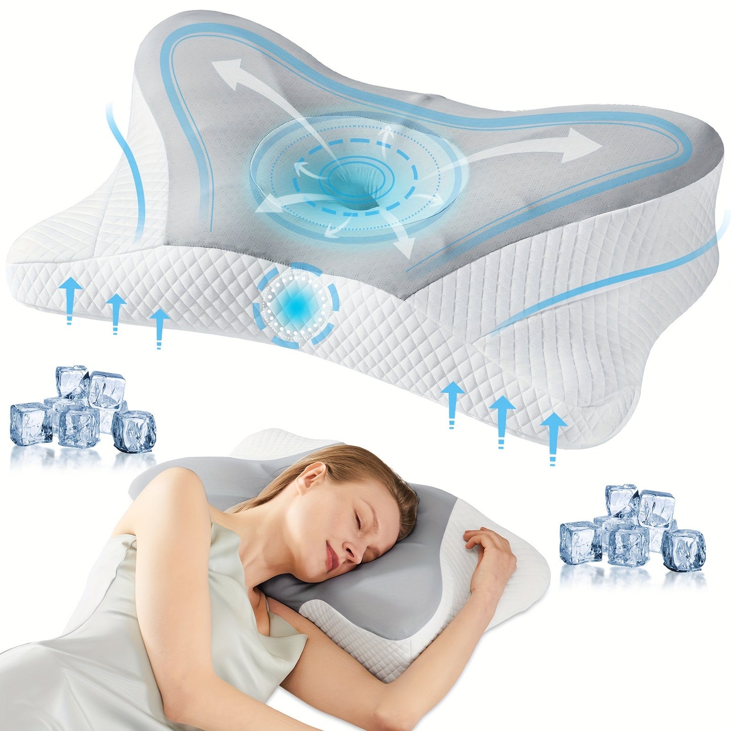 Cervical Neck Pillow, Ergonomic Contour. Memory Foam with Cooling Pillowcase