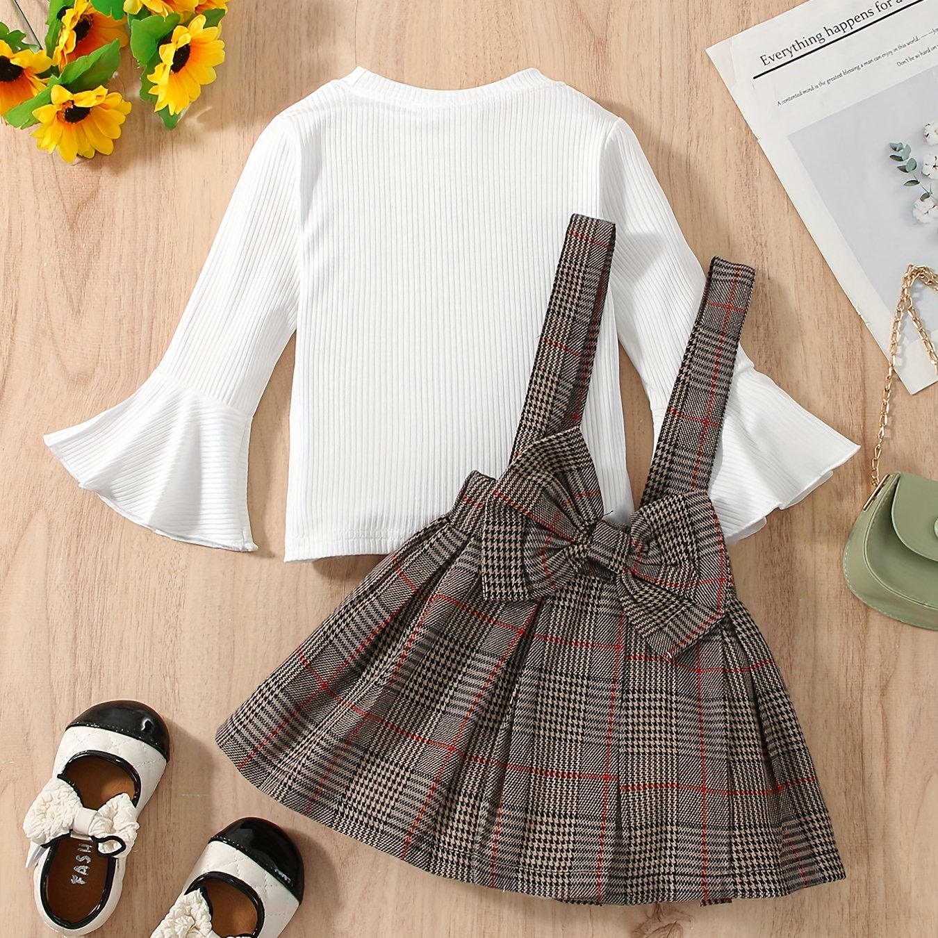 Ribbed Knit Top with Plaid Suspender Skirt Set, Kids Halloween Christmas Party Outfit, Bell Sleeve And Bow Detail