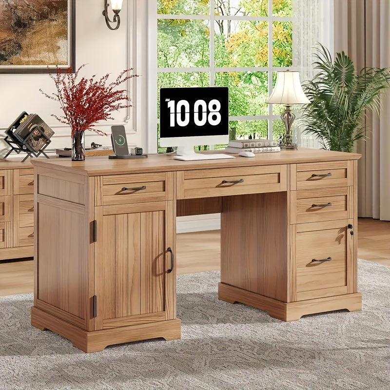 55'' Farmhouse Executive Desk with Power Outlets, Home Office Desk with Drawers And Cabniet