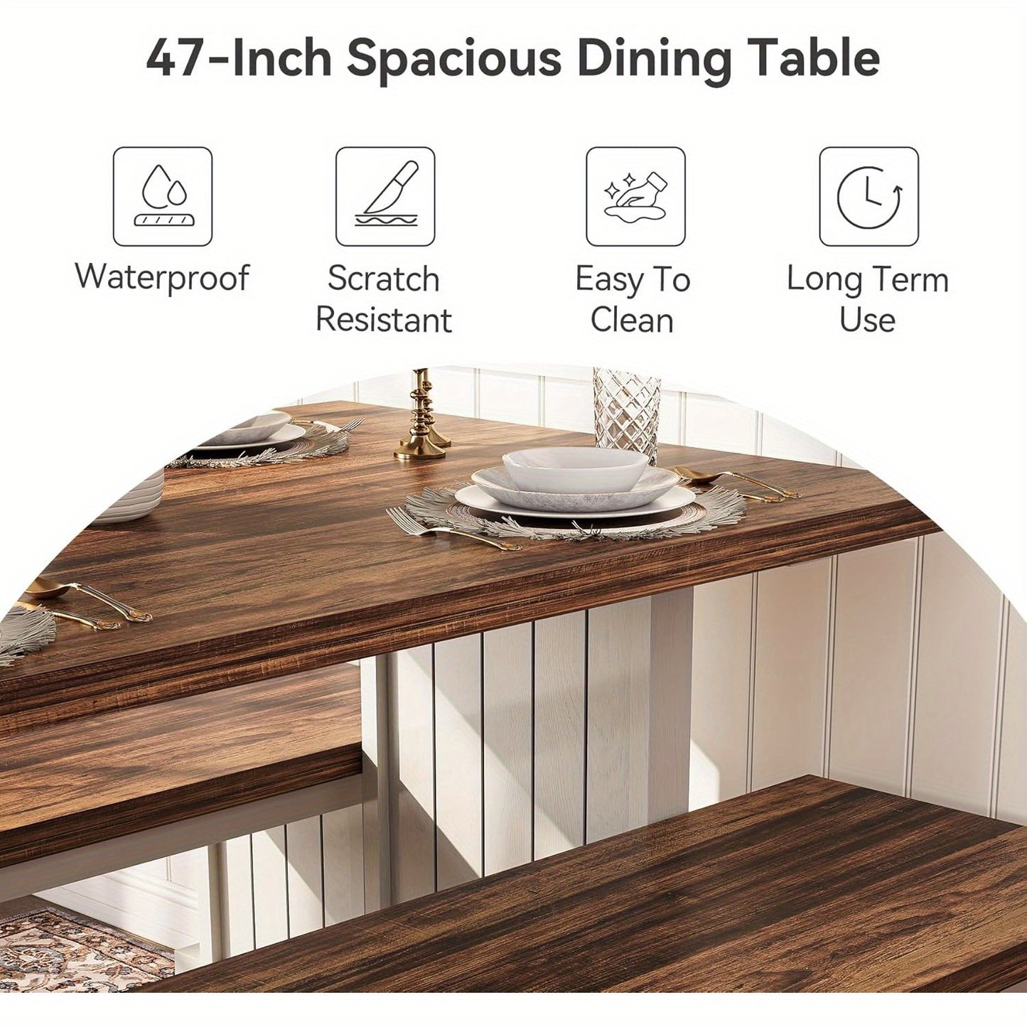 4-Person Dining Table Set with 2 Benches - Modern Kitchen Table with MDF Board, Space-Saving Dinette for Kitchen, Dining Room, Brown and White, Contemporary Style, No Electricity Needed, Dining Table for 4, Kitchen Table, Min