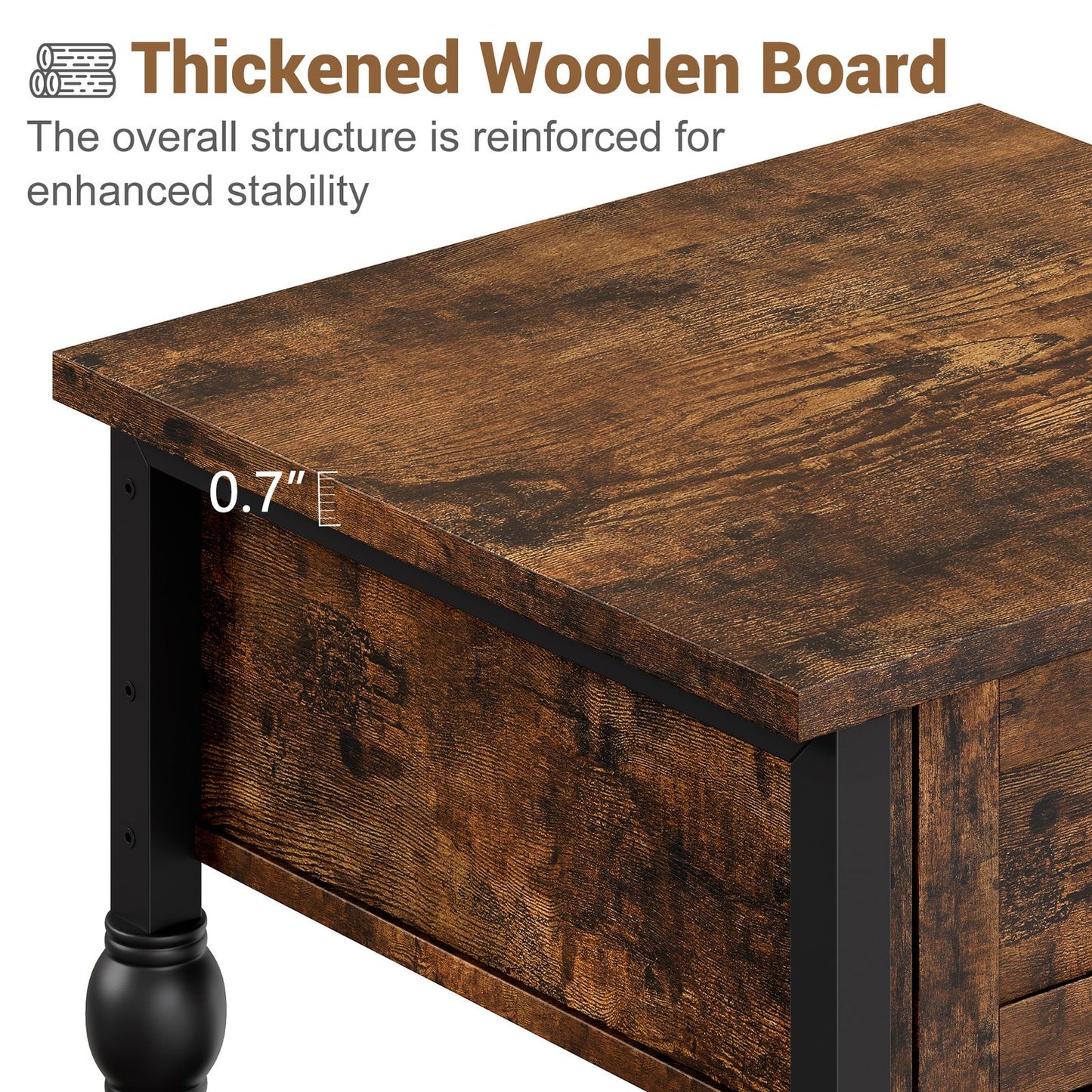 Industrial Style End Table in Brown, 2-Tier with Drawer for Bedroom, Living Room, and Compact Spaces