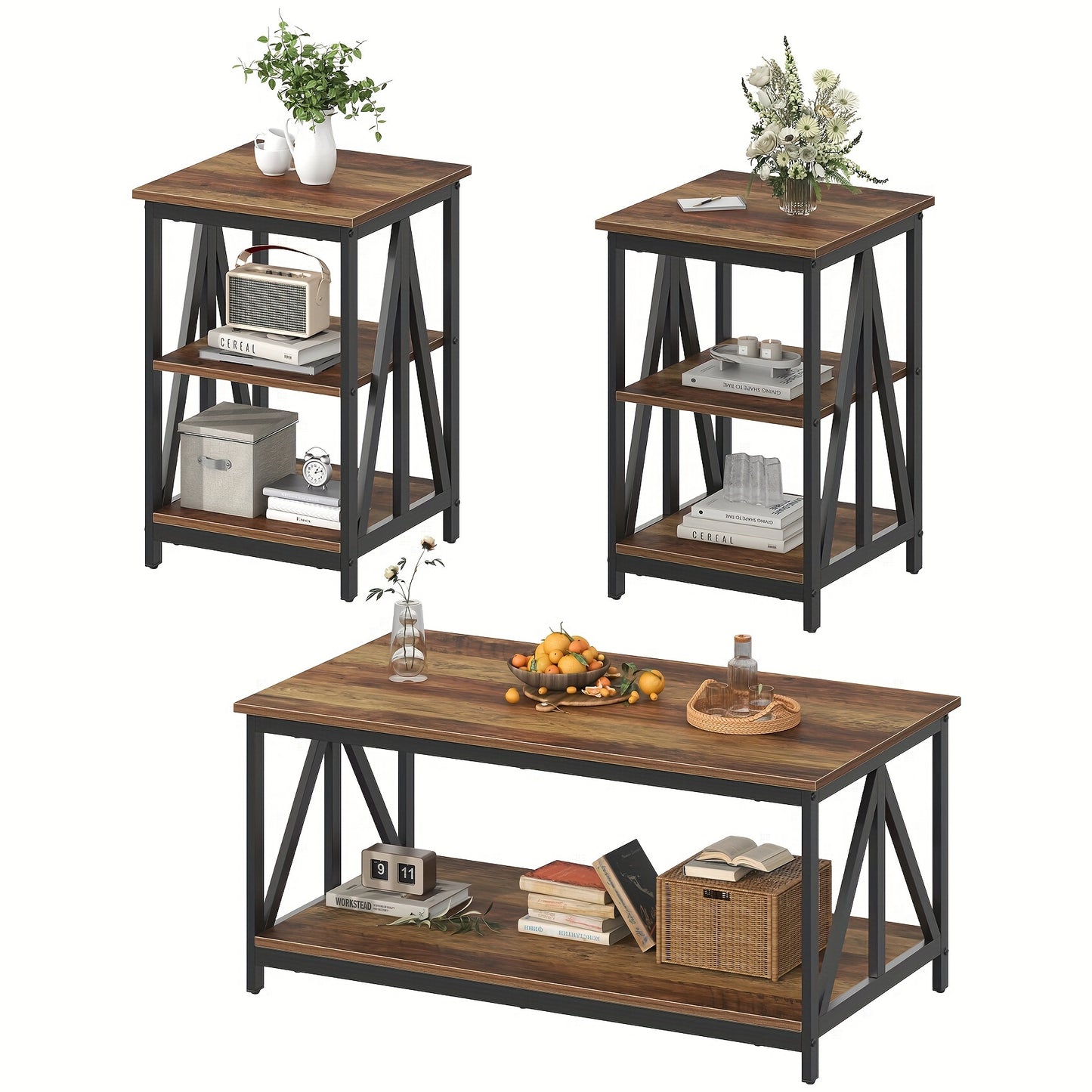 WuuFii 3pcs Living Room Table Set, Industrial Coffee Table with 2 Square End Side Tables, Coffee Table Set with Metal Frame for Apartment Home Office, Rustic Brown