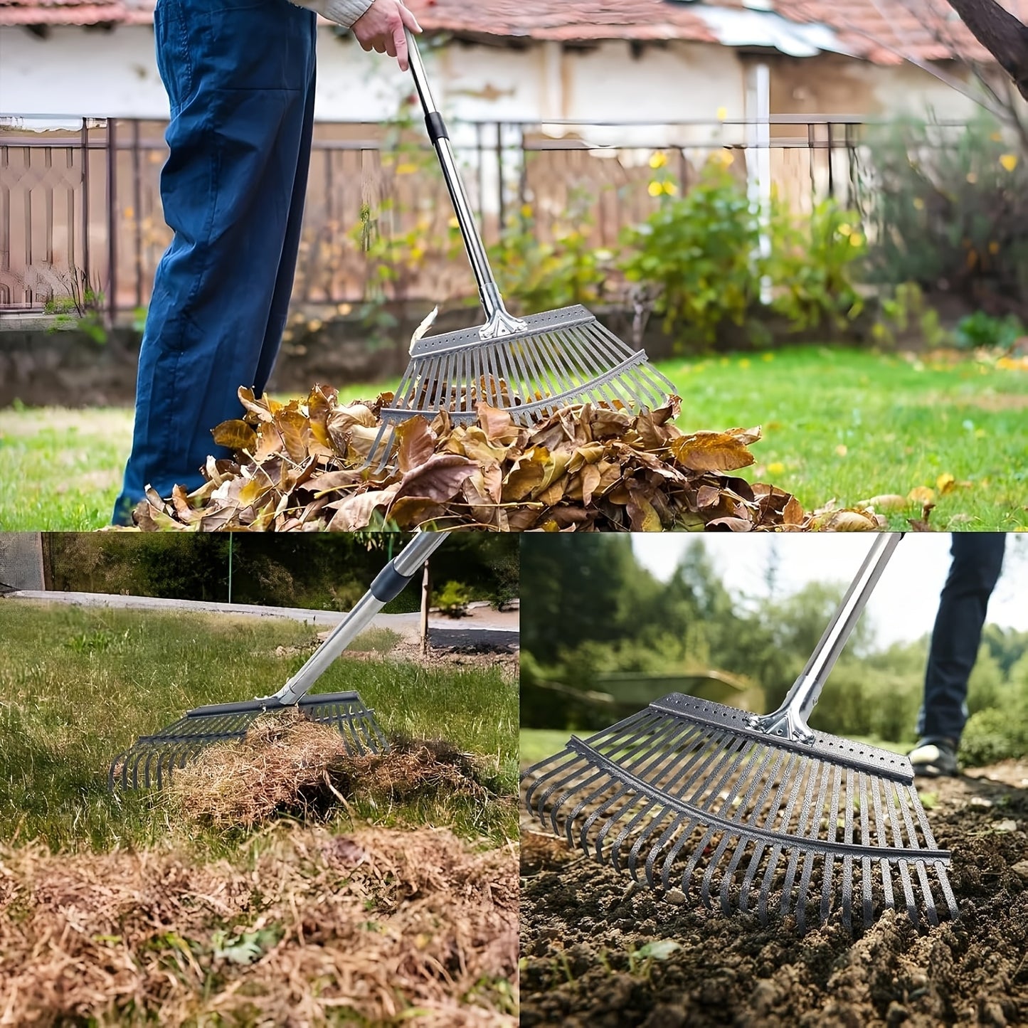 25 Tines Garden Leaf Rake | 18.5" Wide, 62" Adjustable Long Handle, Stainless Steel for Lawns, Yard, Grass, Flower Beds, All Season