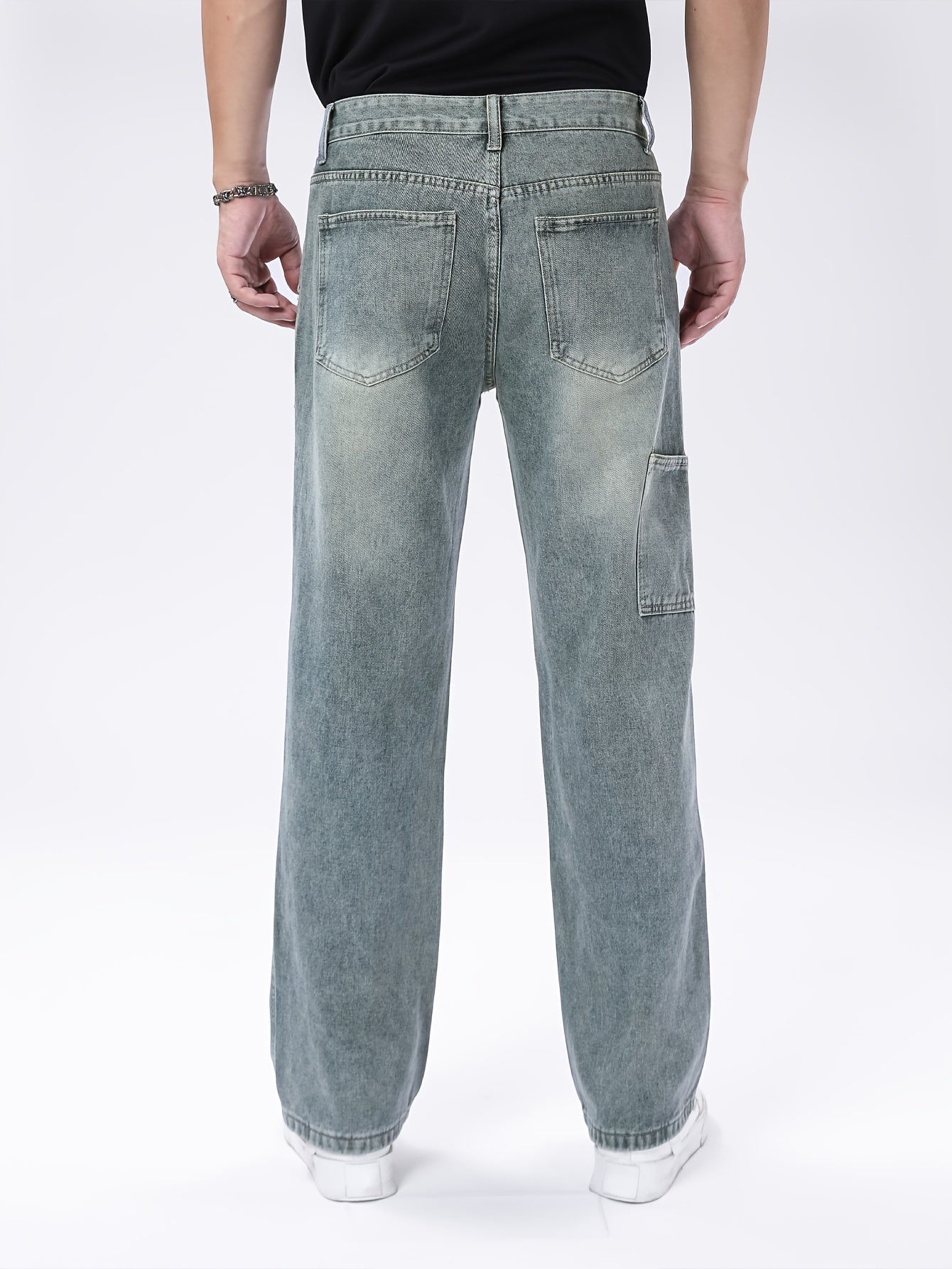 Men's Heavyweight 100% Denim Straight-Leg Jeans - Light Wash Vintage Look, All-Season Comfort, Classic Five-Pocket Design (Kangaroo Pocket & Cuffed Hem) - Casual & Formal Wear, Machine Washable - Navy Blue Bicycle Style Trous