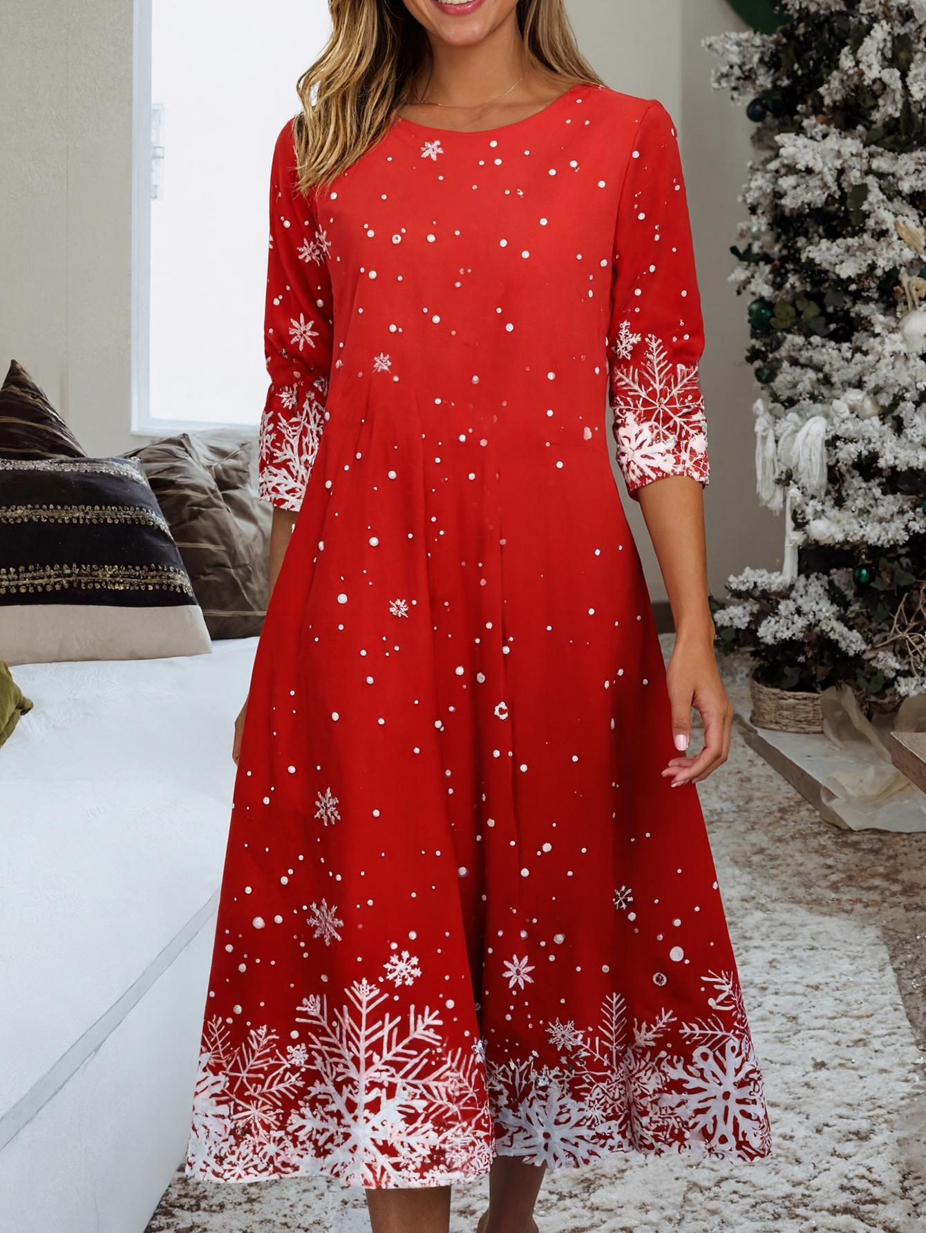Plus Size - Plus Size, Women'S Elegant Christmas Snowflake Print Maxi Dress - Long Sleeve Round Neck Winter Party Dress with A-Line Silhouette, Red & Snowflake Pattern, Cozy Floor-Length Formal Evening Gown for Holiday Events