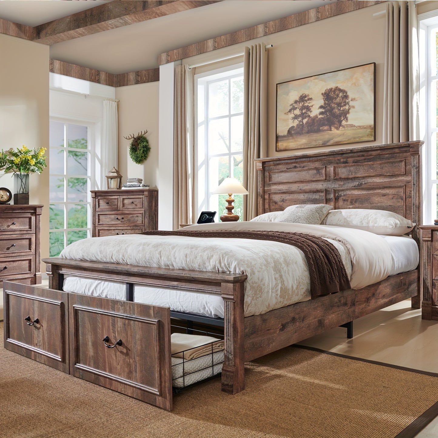 Farmhouse King/ Queen/ Full Size Bed Frame with Tall Headboard, Wood Platform Bed Frame with 20" Tall Roman Column Decoration Footboard & 3 Large Storage Drawers, No Box Spring Needed