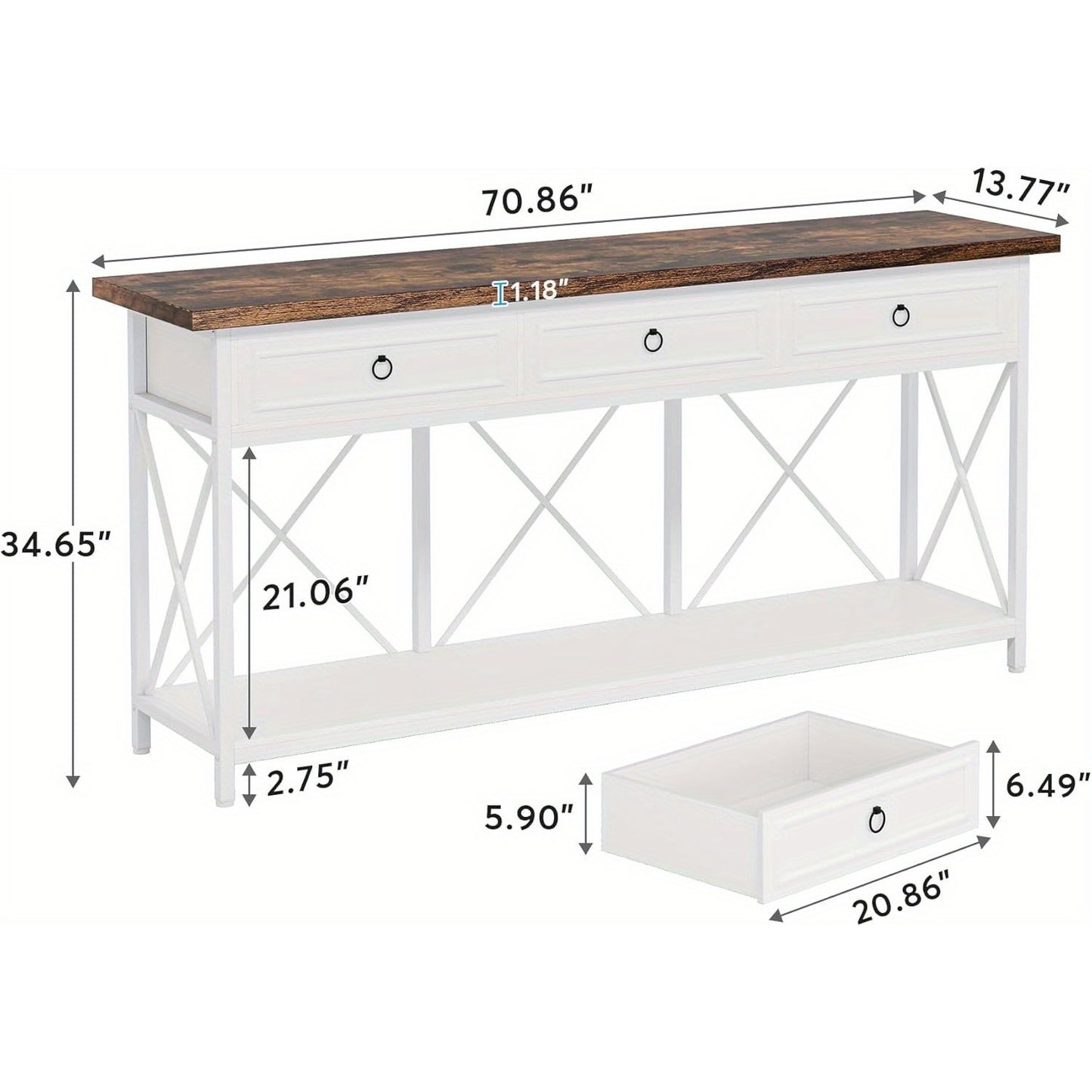 70.8" Console Table With 3 Drawers, Farmhouse Entryway Table With Storage Shelf, Narrow Long Sofa Foyer Table For Entryway, Hallway