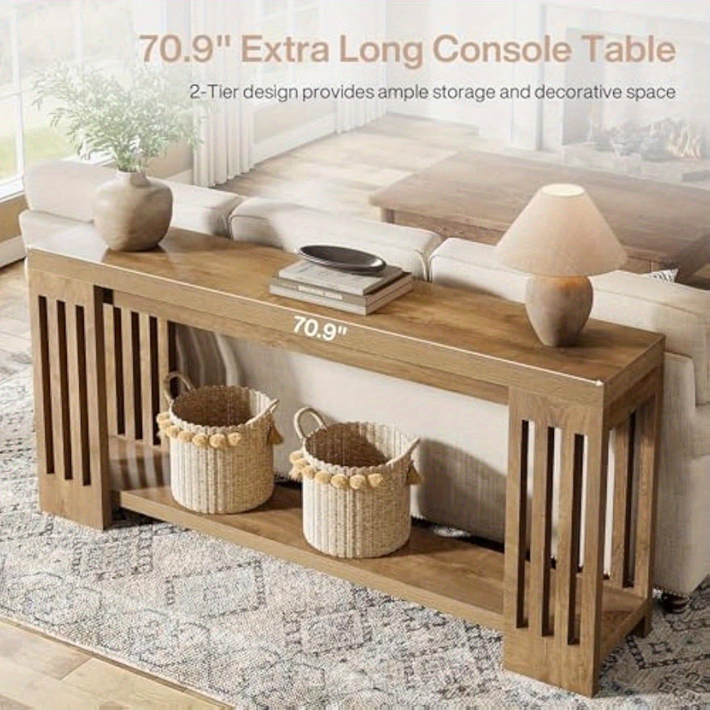 70.9" Extra Long Farmhouse Entryway Sofa Console Table with 2-Tier Storage & Vertical Stripe Legs - Light Brown Engineered Wood & Hardwood Construction, Space-Saving Modern Design for Hallway, Living Room, Entrance - Easy Ass