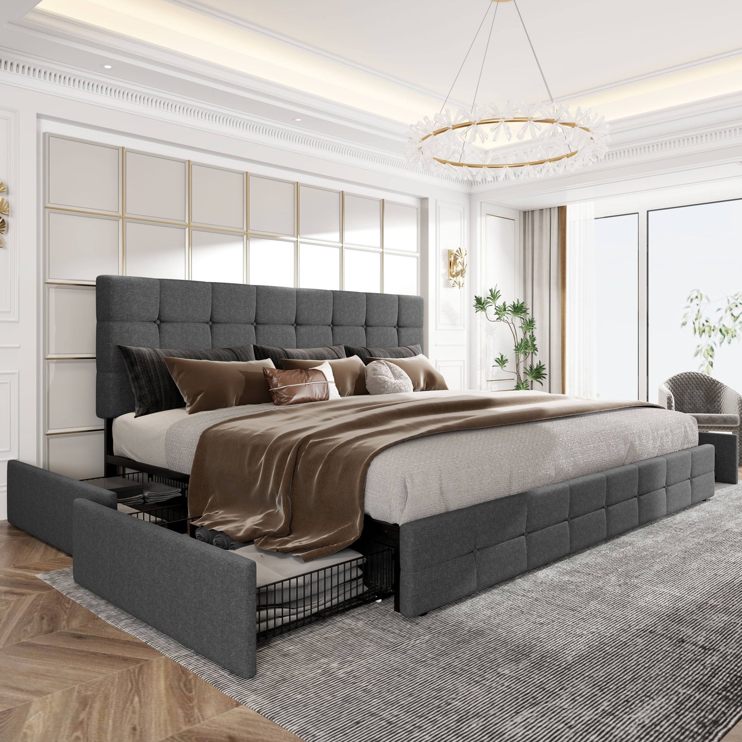 HOOMIC Full/Queen/King Size Platform Bed Frame with 4 Storage Drawers & Adjustable Headboard - Contemporary Square Stitched Button Tufted Design, Noise-Free Wooden Slats, No Box Spring Needed, Easy Assembly, Recycled Wood & M