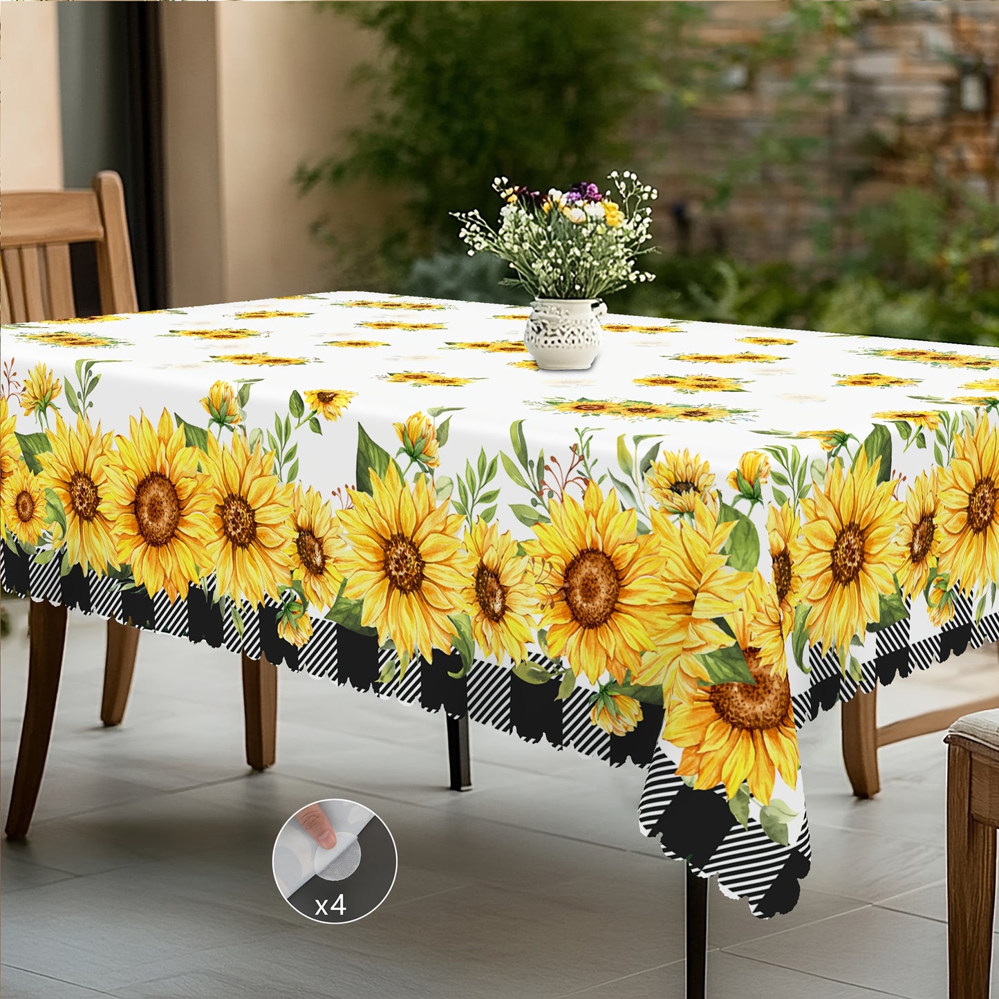 1pc Tablecloth+4pcs Anti Slip Stickers, Floral Themed Printed Tablecloth, Farmhouse Style, Blooming Sunflowers Design, Wedding Season, Anniversary, Mother's Day, Camping Picnics, Party Decor, Kitchen Accessories, Room&Outdoor