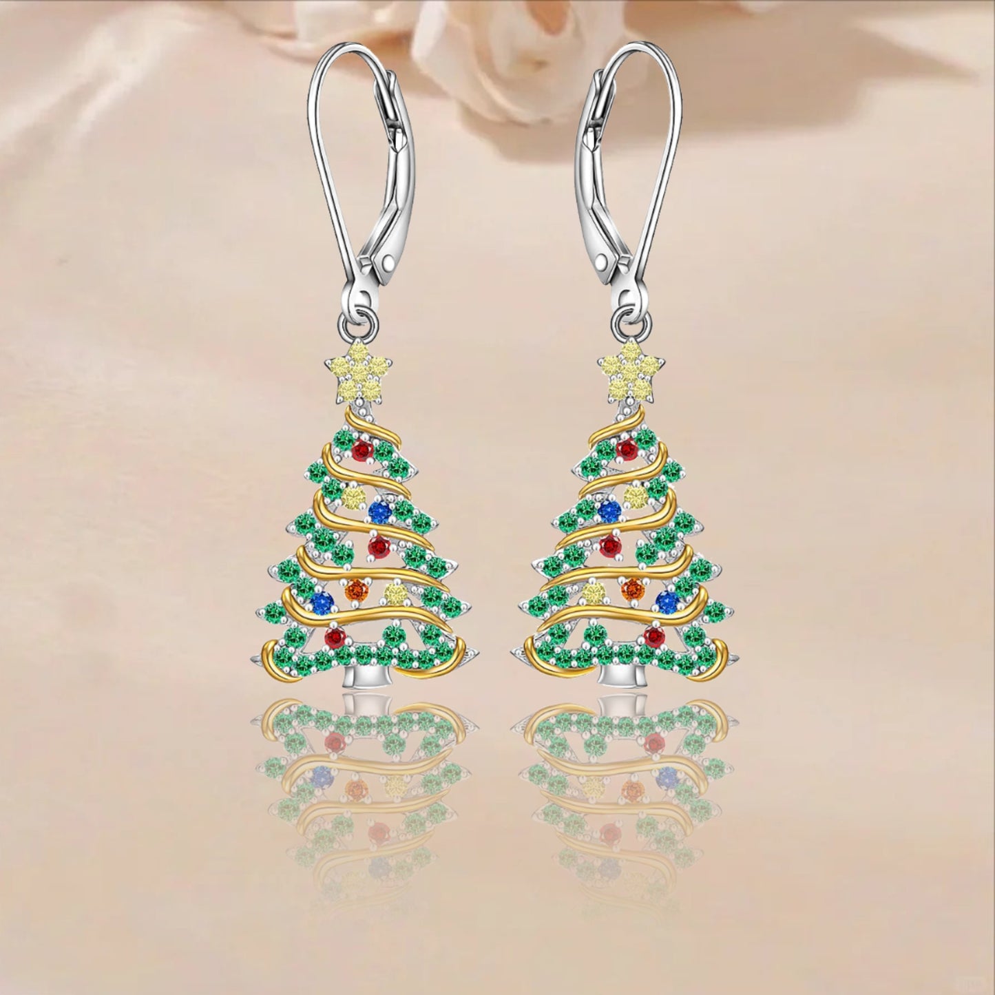 925 Sterling Silver Christmas Tree Earrings, Christmas Earrings Women Silver Ribbon, Green Christmas Tree Colorful Zirconia Frozen Earrings Earrings Holiday Jewelry Gifts for Women