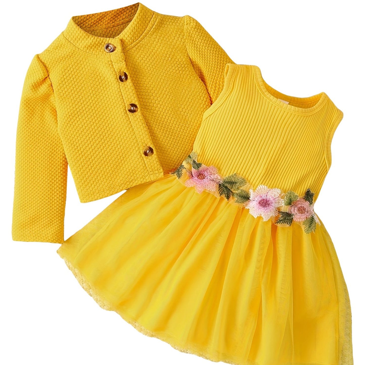 Baby Girl Fall Outfit, Long Sleeve Cardigan Coat Flower Embroidery Tulle Tank Dress 2pcs Set, for Outdoor