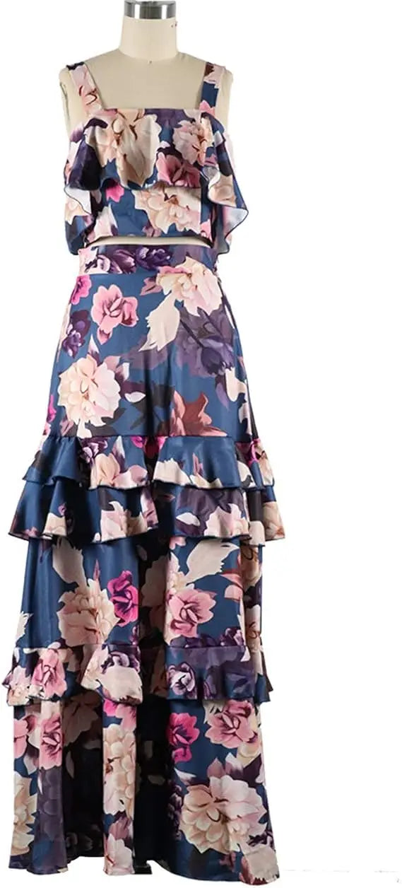 Casualvista Floral Summer Two-Piece Set: Elegant Off-Shoulder Ruffled Crop Top & Flowing Maxi Skirt - Lightweight Polyester, Per