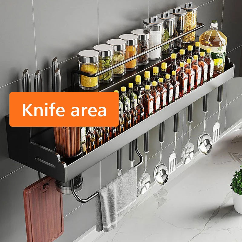 1pc wall-mounted metal kitchen rack, non-perforated kitchen storage rack, it has a knife rack and a hook for tableware