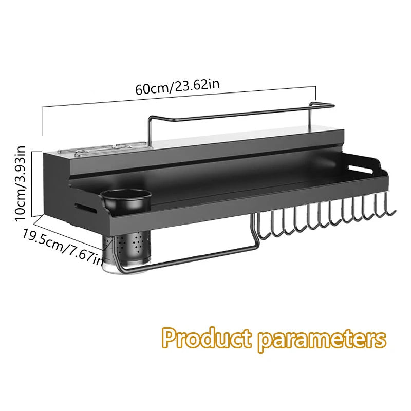 1pc wall-mounted metal kitchen rack, non-perforated kitchen storage rack, it has a knife rack and a hook for tableware