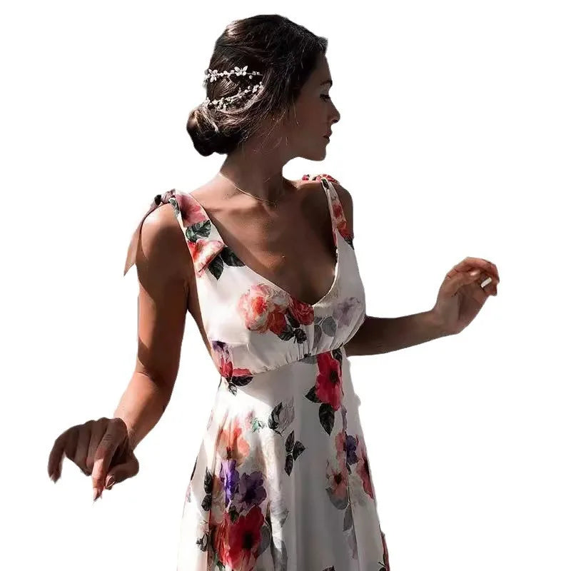 Women Sexy V-neck Dress Backless Print Big Swing Summer Spaghetti Strap Sleeveless Female Causal Beach Casual Long Clothing