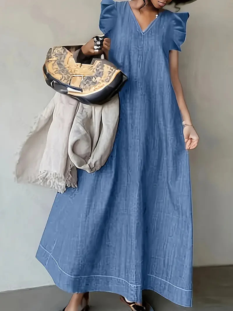 Women's Sleeveless Denim Maxi Dress Summer Casual V-Neck Ruffled Shoulders Flared Hem Breathable Beachwear for Picnic Spring