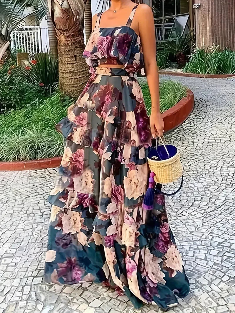 Casualvista Floral Summer Two-Piece Set: Elegant Off-Shoulder Ruffled Crop Top & Flowing Maxi Skirt - Lightweight Polyester, Per