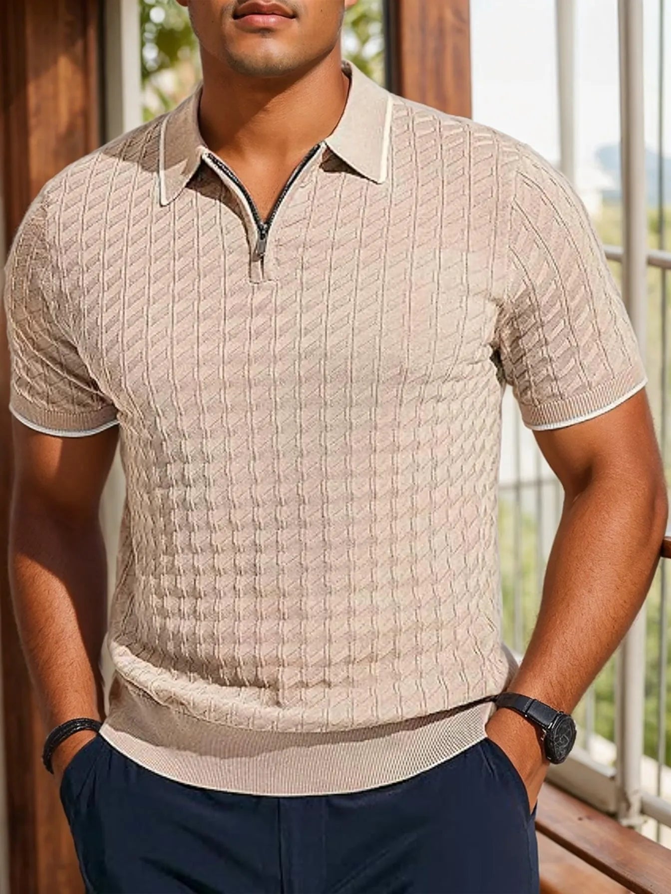 Men's knitted short-sleeved half-zip lapel sweater