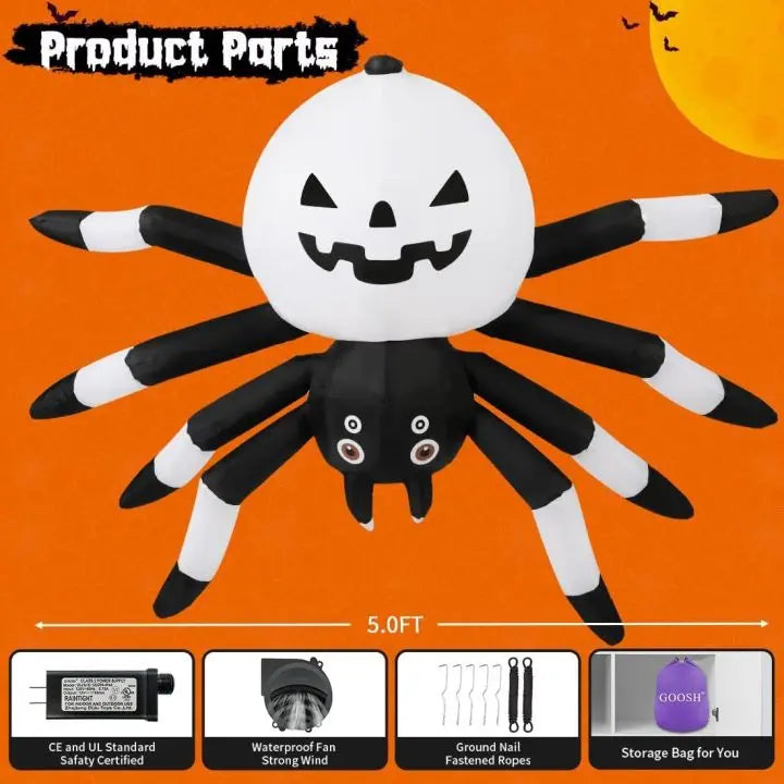 Goosh Inflatables 5FT Light-Up Spider Halloween Inflatable with Pumpkin Head