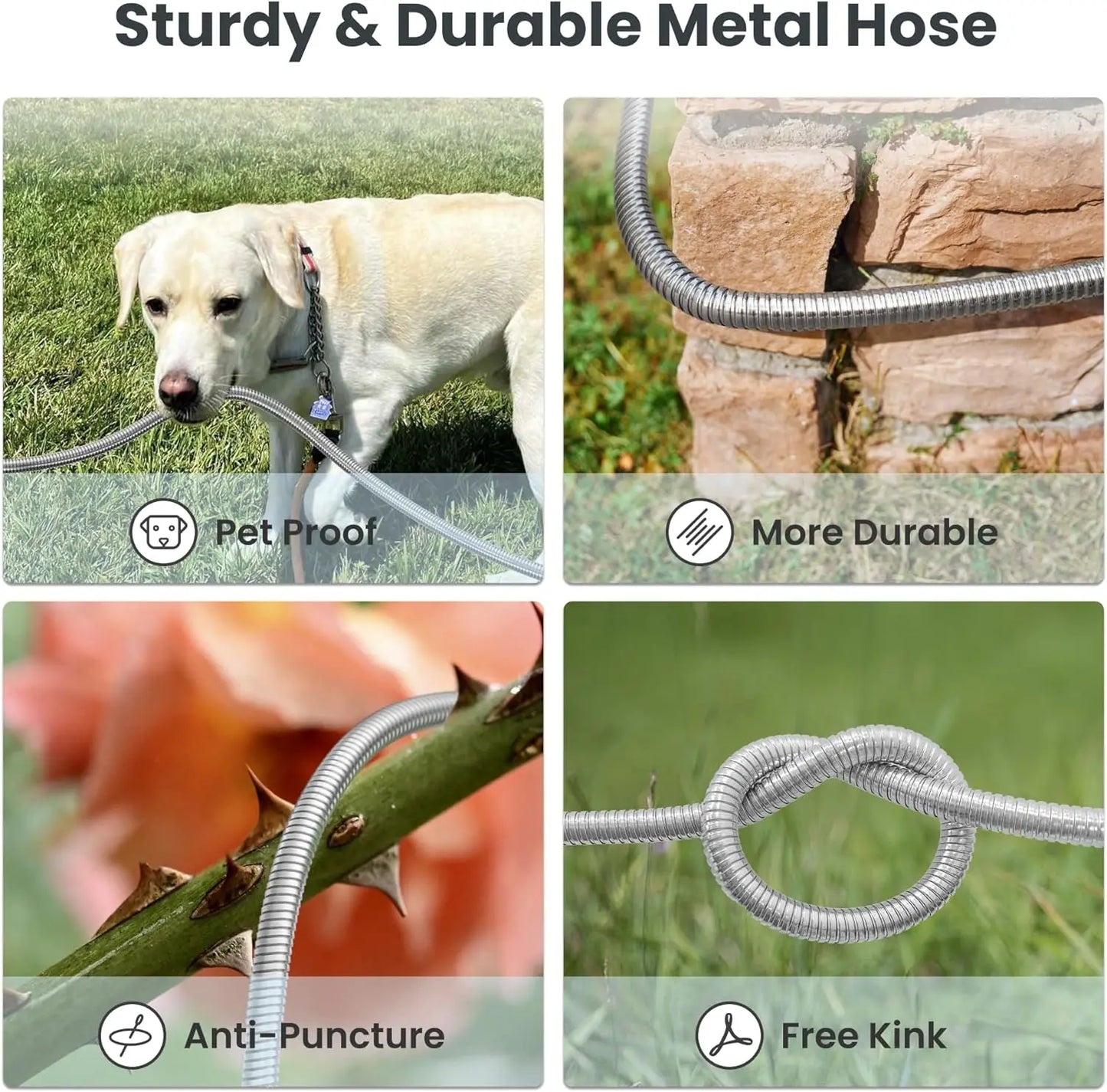 Giraffe Tools 5/8" Garden Hose, 304 Stainless Steel Metal Water Hose, No Kink Garden Water Hose with 9 Pattern Spray Nozzle