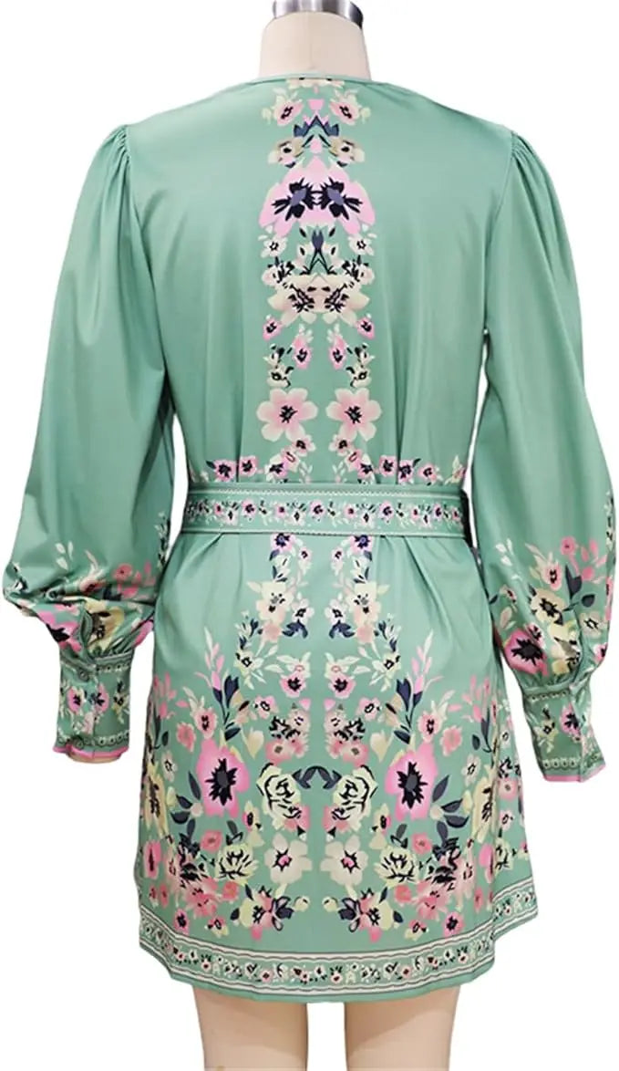 Women's Boho Floral Print V-Neck Dress - Lantern Long Sleeves, A-Line with Belt - Lightweight Polyester Spring/Summer Casual Max