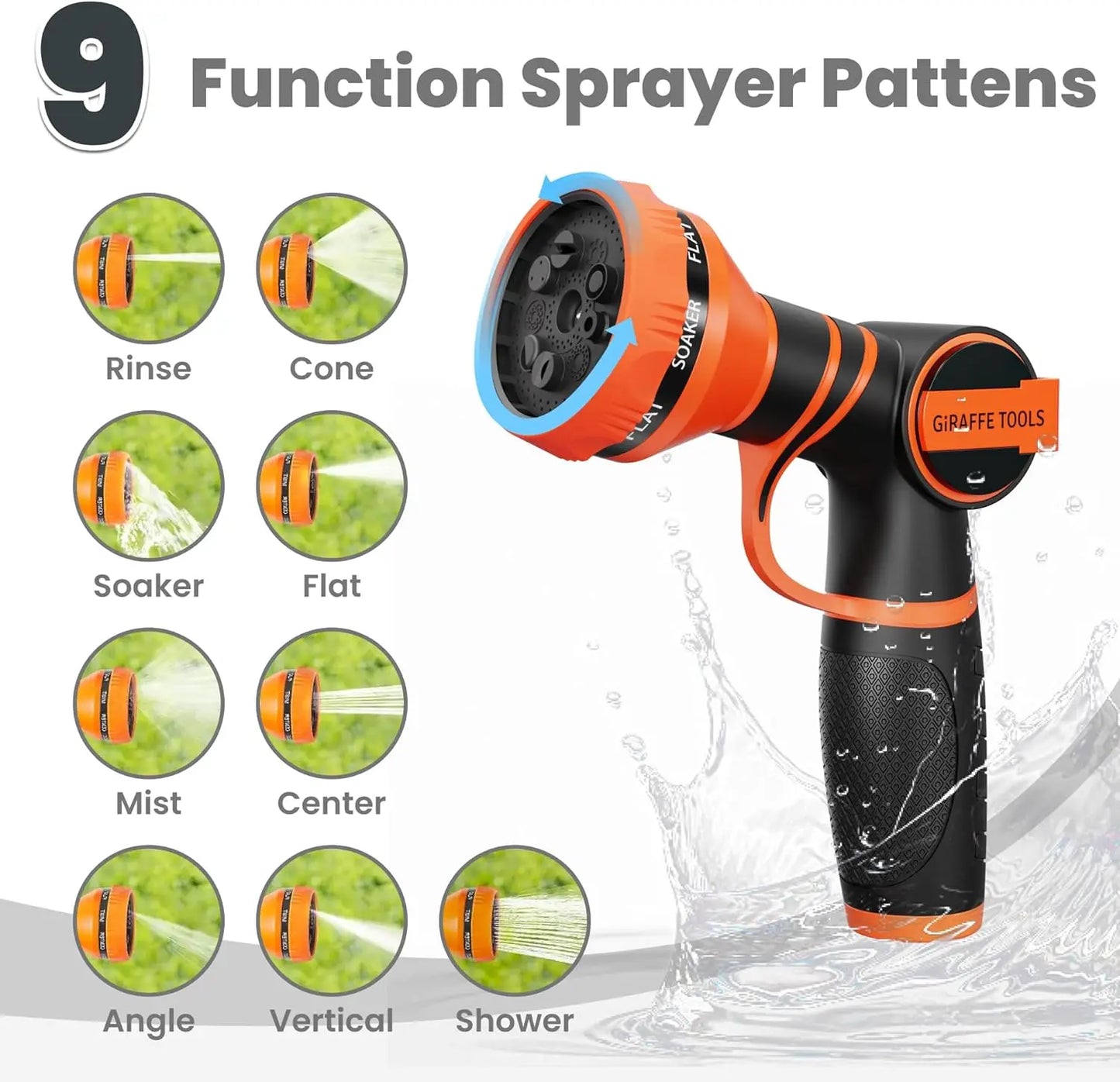 Giraffe Tools 5/8" Garden Hose, 304 Stainless Steel Metal Water Hose, No Kink Garden Water Hose with 9 Pattern Spray Nozzle