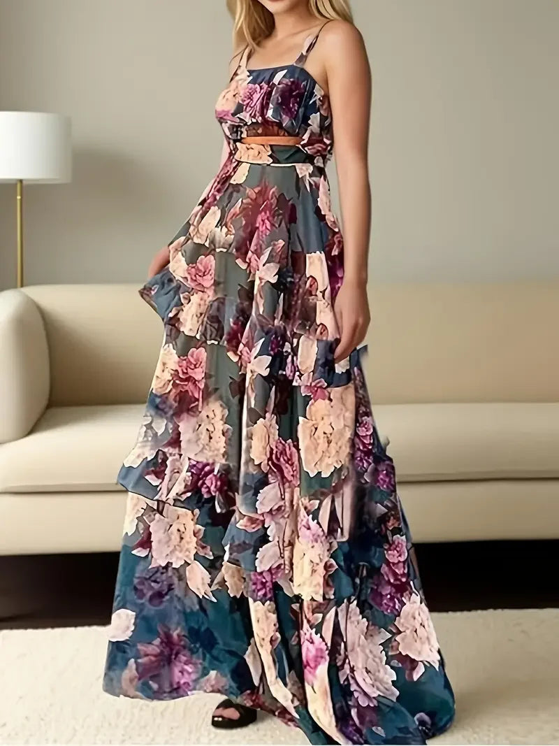Casualvista Floral Summer Two-Piece Set: Elegant Off-Shoulder Ruffled Crop Top & Flowing Maxi Skirt - Lightweight Polyester, Per