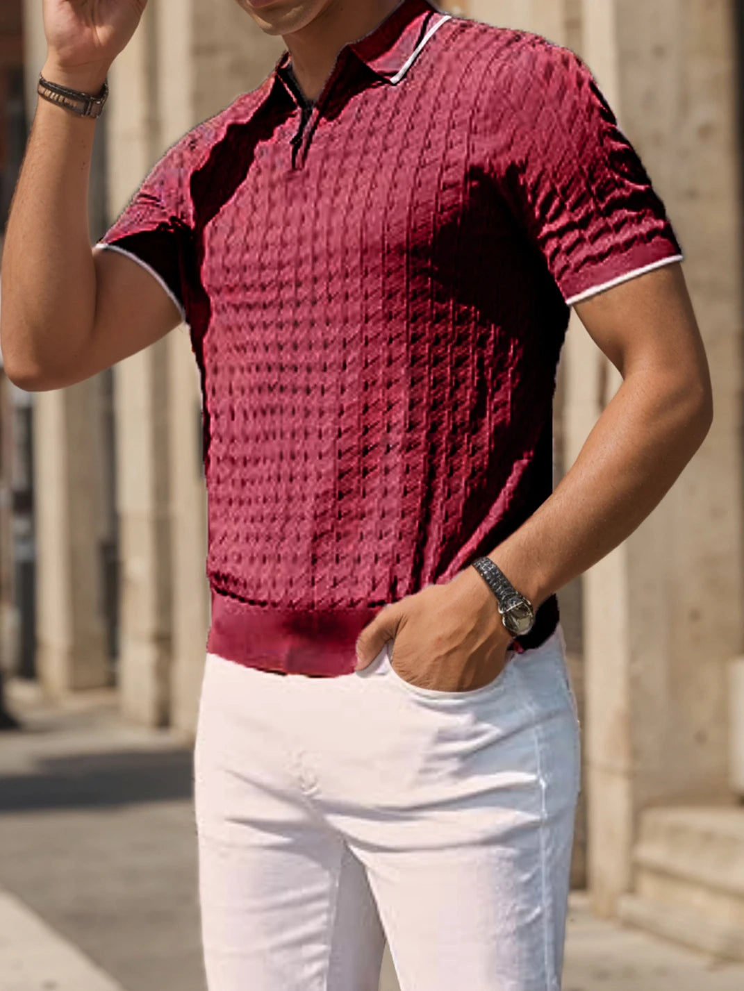 Men's knitted short-sleeved half-zip lapel sweater