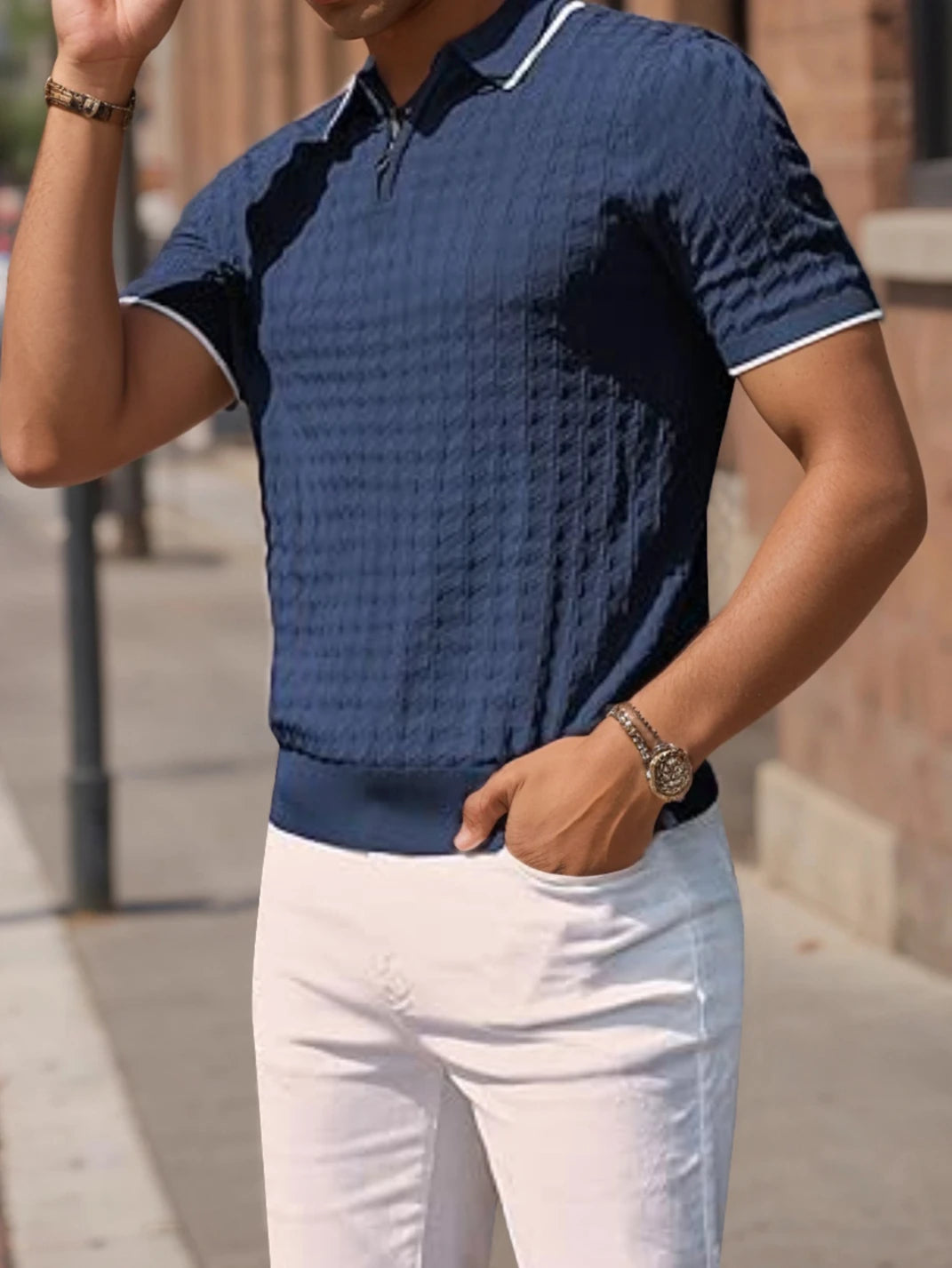 Men's knitted short-sleeved half-zip lapel sweater