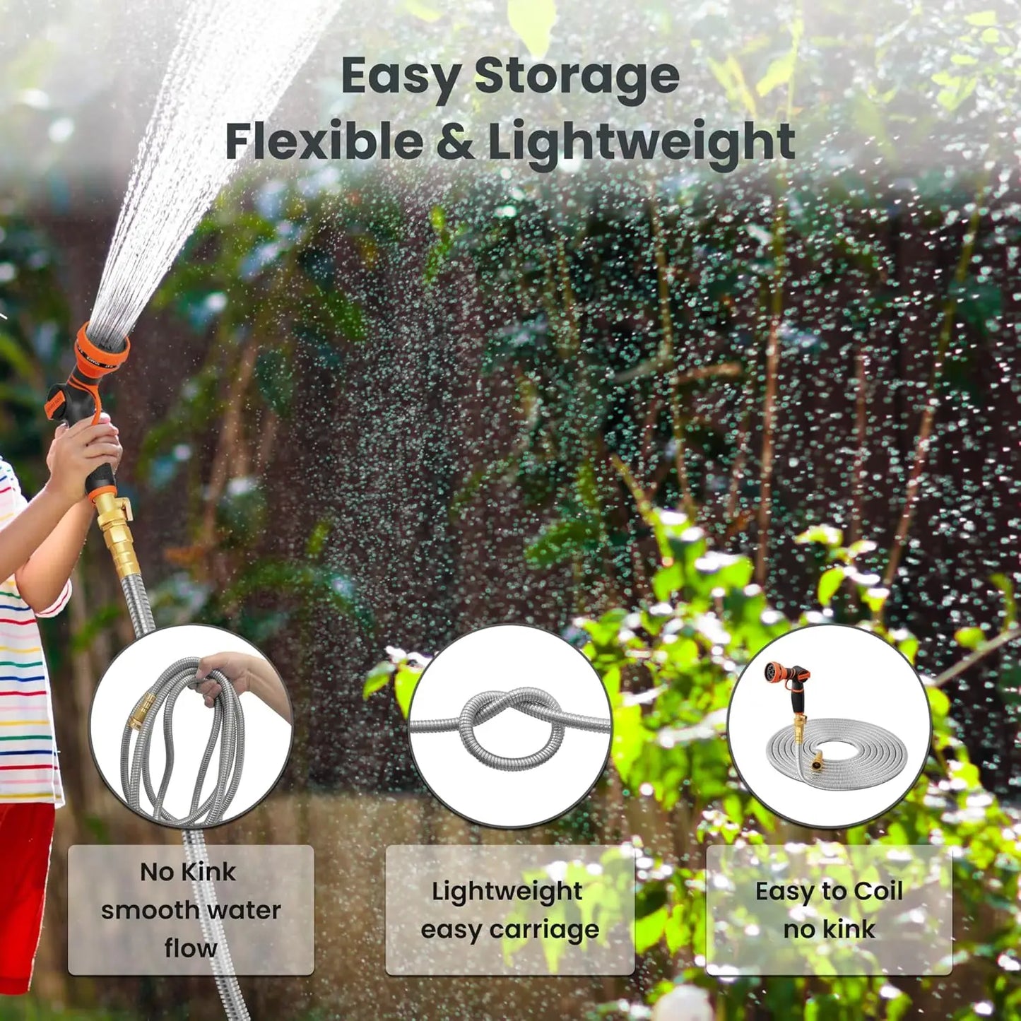 Giraffe Tools 5/8" Garden Hose, 304 Stainless Steel Metal Water Hose, No Kink Garden Water Hose with 9 Pattern Spray Nozzle