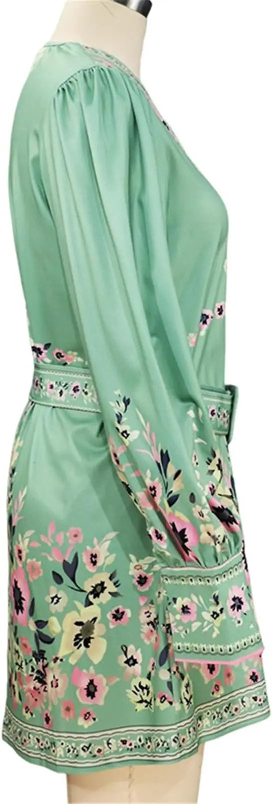 Women's Boho Floral Print V-Neck Dress - Lantern Long Sleeves, A-Line with Belt - Lightweight Polyester Spring/Summer Casual Max