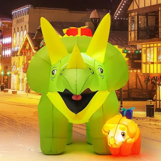 GOOSH 7.5 FT Length Christmas Inflatables Dinosaur Outdoor Decorations Blow Up Green Triceratops with Baby Dino Yard Decorations