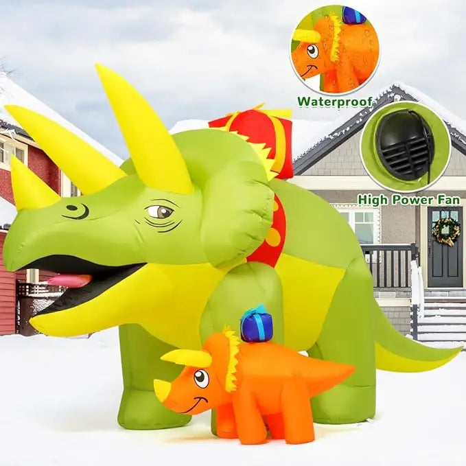 GOOSH 7.5 FT Length Christmas Inflatables Dinosaur Outdoor Decorations Blow Up Green Triceratops with Baby Dino Yard Decorations