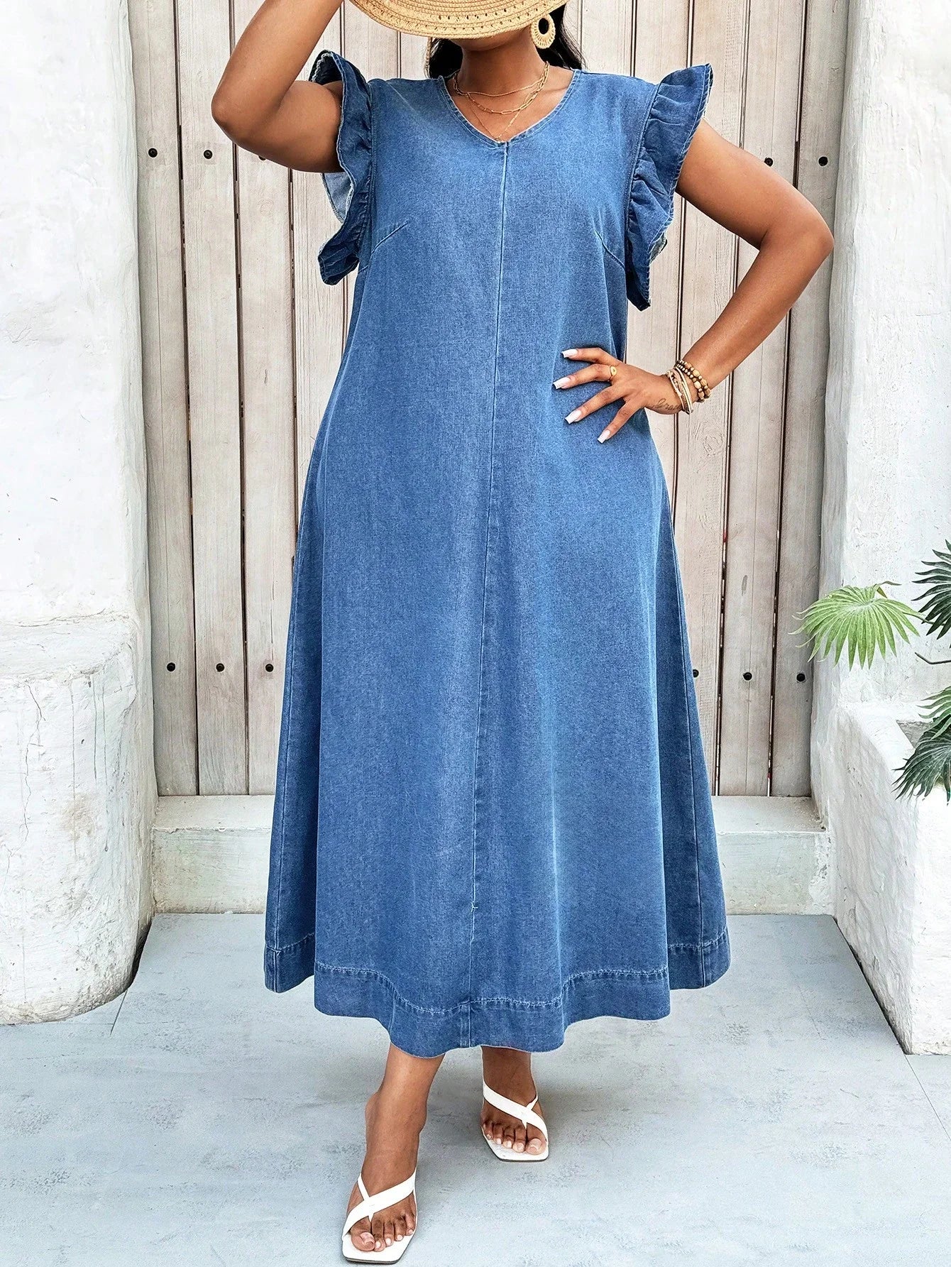 Women's Sleeveless Denim Maxi Dress Summer Casual V-Neck Ruffled Shoulders Flared Hem Breathable Beachwear for Picnic Spring