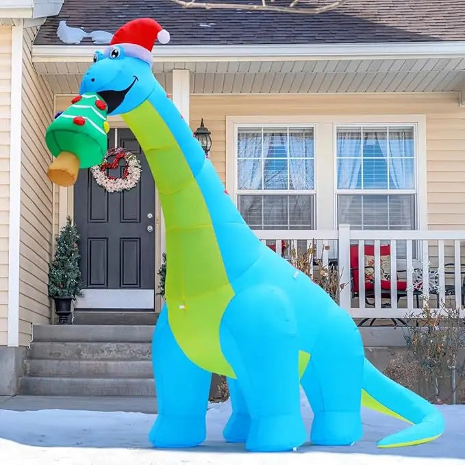 GOOSH 10FT Christmas Inflatables Outdoor Decorations, Blow Up Dinosaur Eat Christmas Tree Shake Dinosaur with Built-in LEDs
