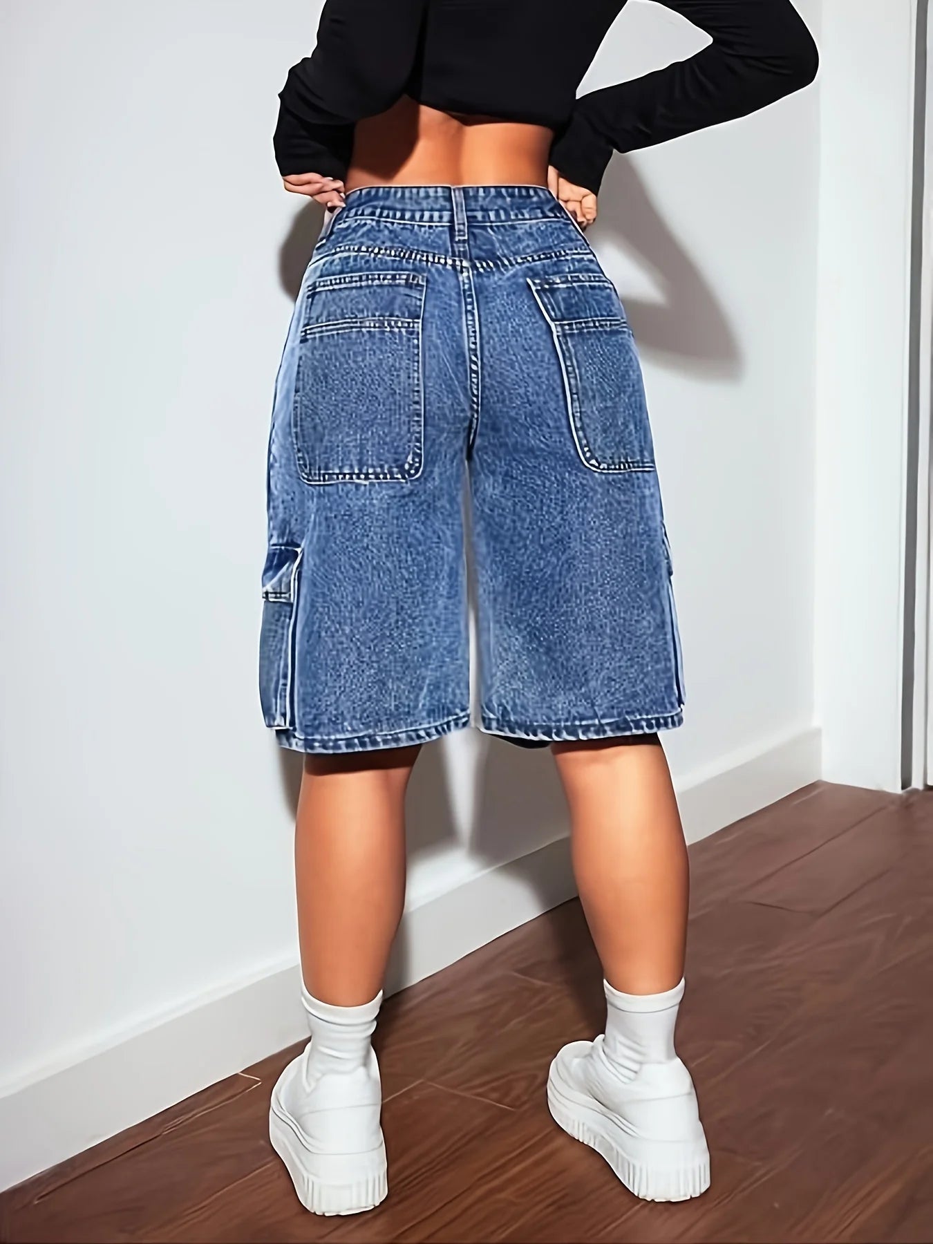 Women's High Rise Wide Leg Cargo Denim Shorts - Loose Fit with Multi-Pocket Design - Distressed Acid Wash Jean Shorts for Summer