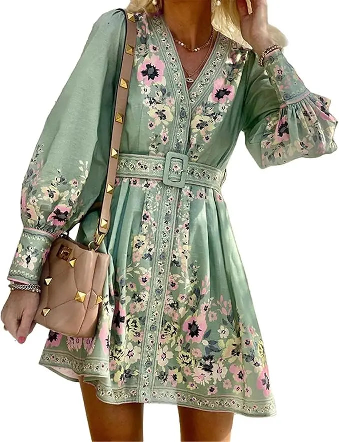 Women's Boho Floral Print V-Neck Dress - Lantern Long Sleeves, A-Line with Belt - Lightweight Polyester Spring/Summer Casual Max