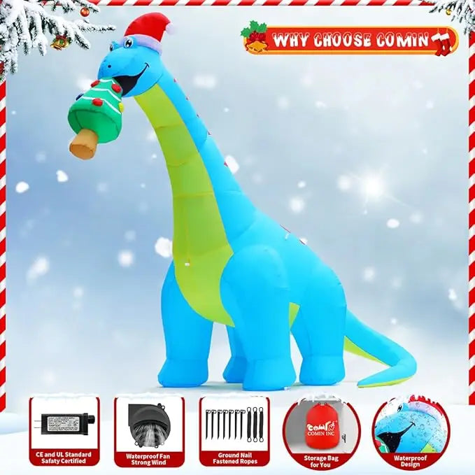 GOOSH 10FT Christmas Inflatables Outdoor Decorations, Blow Up Dinosaur Eat Christmas Tree Shake Dinosaur with Built-in LEDs