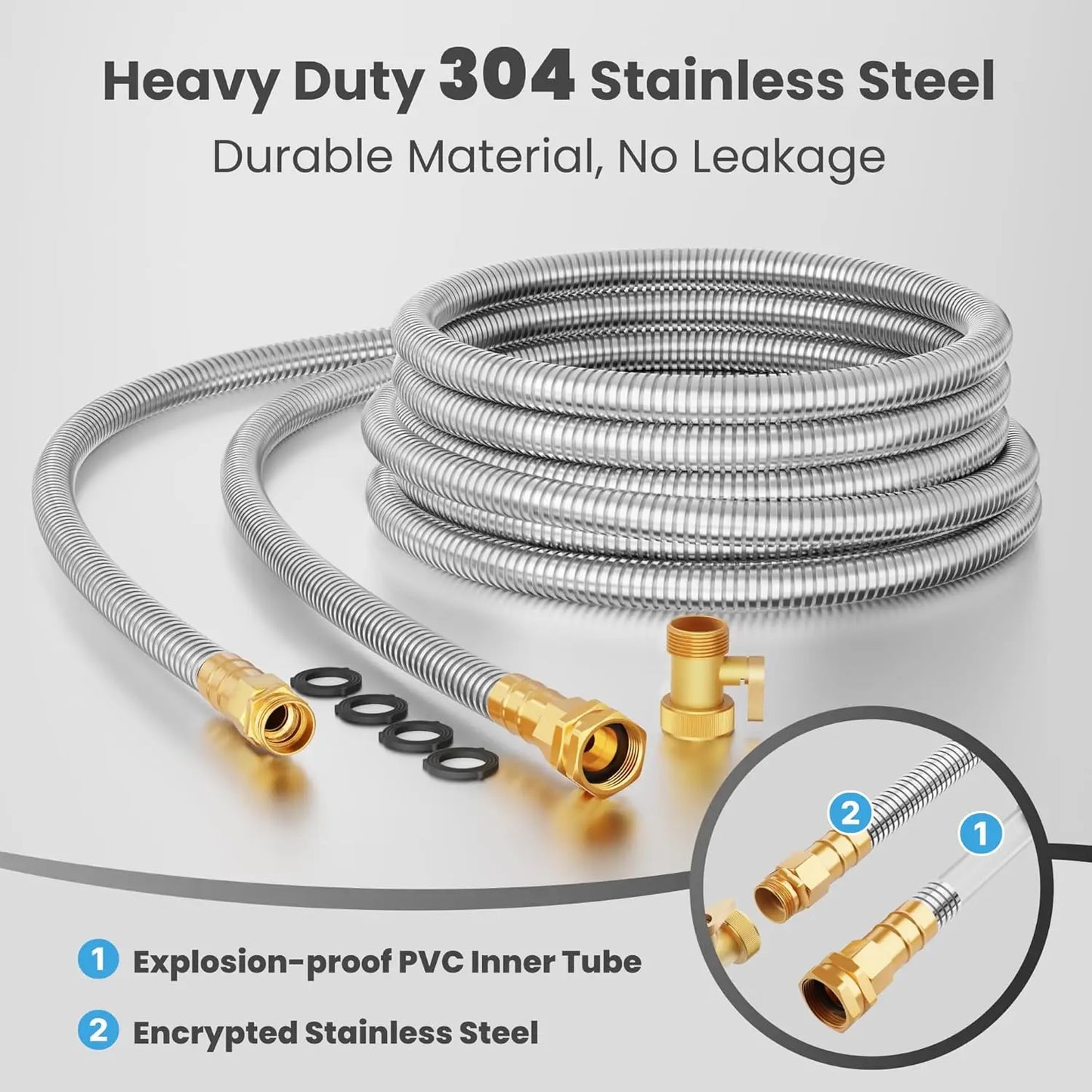 Giraffe Tools 5/8" Garden Hose, 304 Stainless Steel Metal Water Hose, No Kink Garden Water Hose with 9 Pattern Spray Nozzle