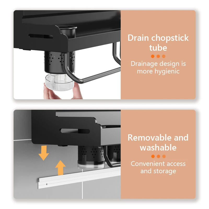 1pc wall-mounted metal kitchen rack, non-perforated kitchen storage rack, it has a knife rack and a hook for tableware