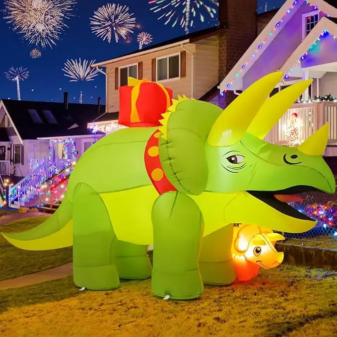 GOOSH 7.5 FT Length Christmas Inflatables Dinosaur Outdoor Decorations Blow Up Green Triceratops with Baby Dino Yard Decorations