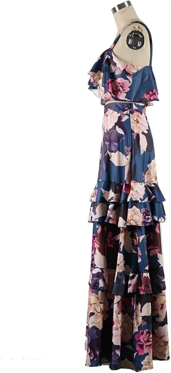 Casualvista Floral Summer Two-Piece Set: Elegant Off-Shoulder Ruffled Crop Top & Flowing Maxi Skirt - Lightweight Polyester, Per