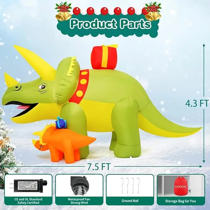 GOOSH 7.5 FT Length Christmas Inflatables Dinosaur Outdoor Decorations Blow Up Green Triceratops with Baby Dino Yard Decorations