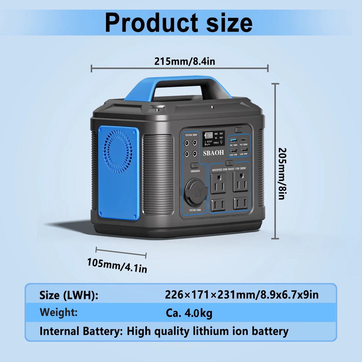 Portable Power Station 300W,296Wh 80000mAh Lithium Battery Power Solar Generator with 100W USB-C PD Output,110V AC Outlet